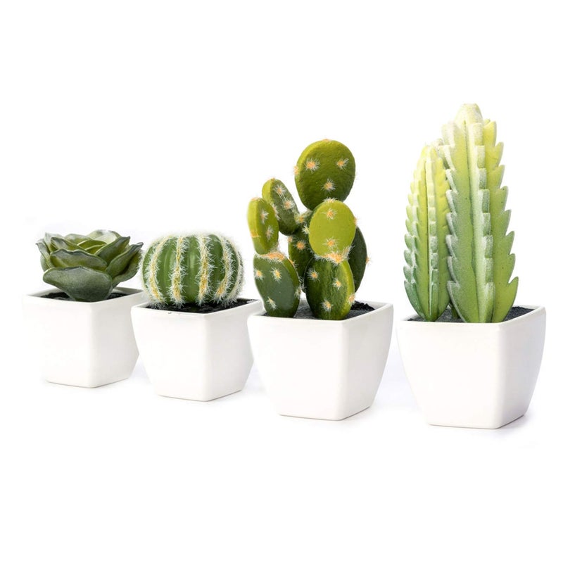 Nattol Artificial Mini Succulent & Cactus Plants in White Cube-Shaped Pots for Home Decor, Set of 4 - Image 4
